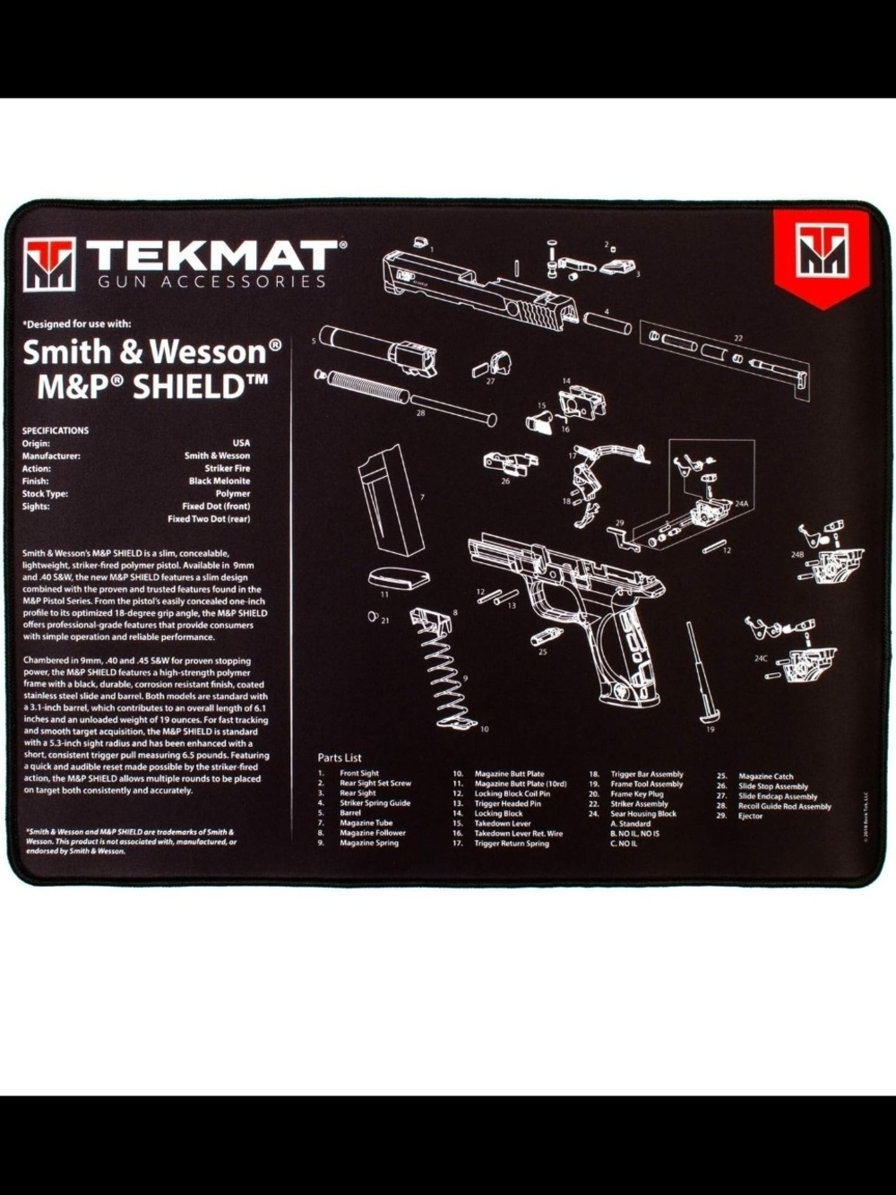 TEKMAT Cleaning Mat - Black & Red Smith & Wesson M&P SHIELD Diagram